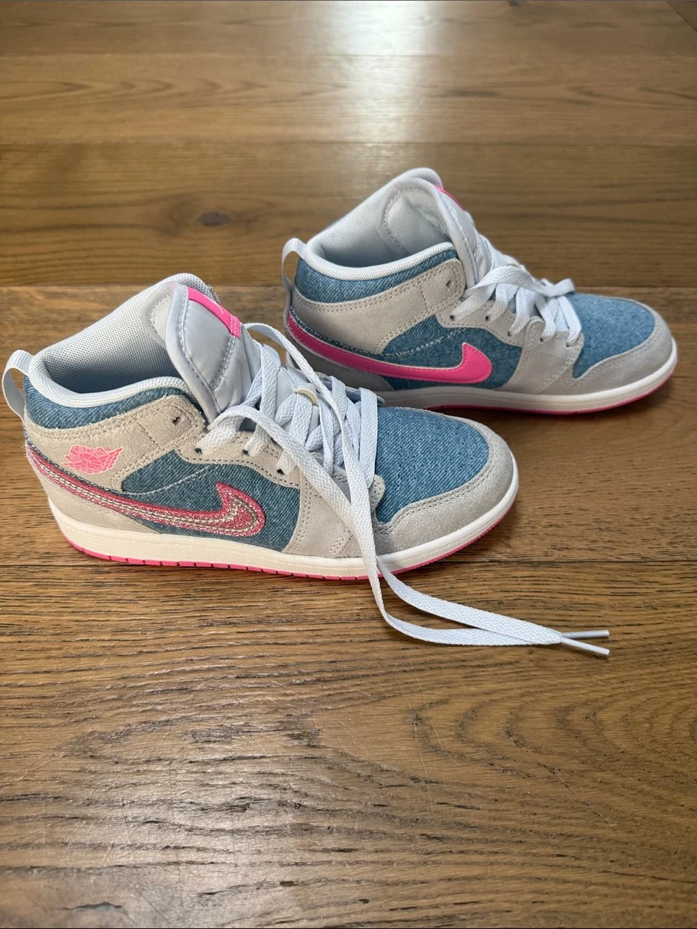 Jordan Kids Mid Sneakers in Gray, Blue & Pink